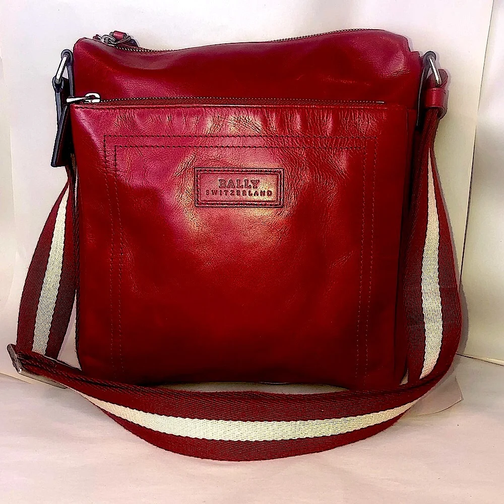 BALLY Red Leather Top Zip Messenger Shoulder Bag w/ Red White Striped Strap